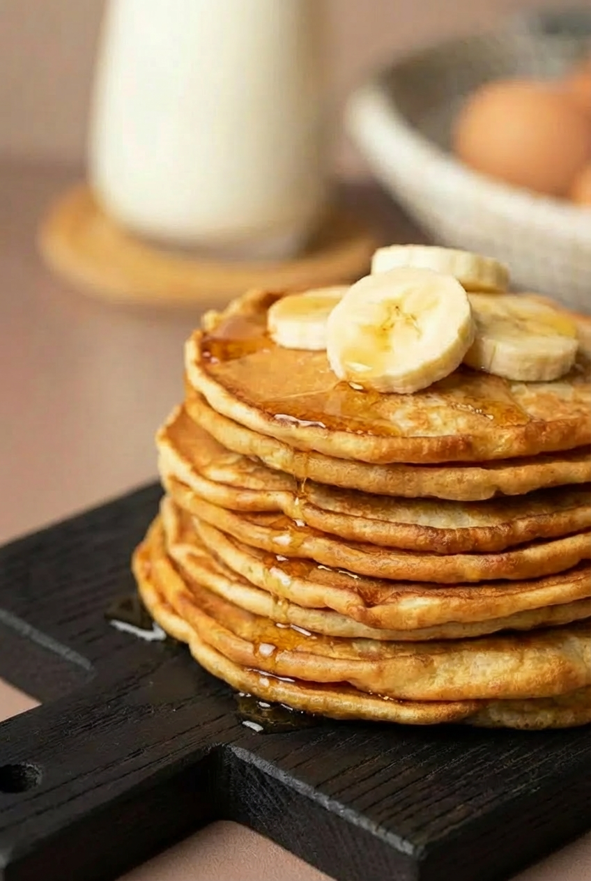 Délicieuse pile de pancakes à la banane moelleux aux rondelles de banane et sirop coulant. Cette image gourmande illustre parfaitement notre recette pancakes banane facile pour un petit déjeuner sain.