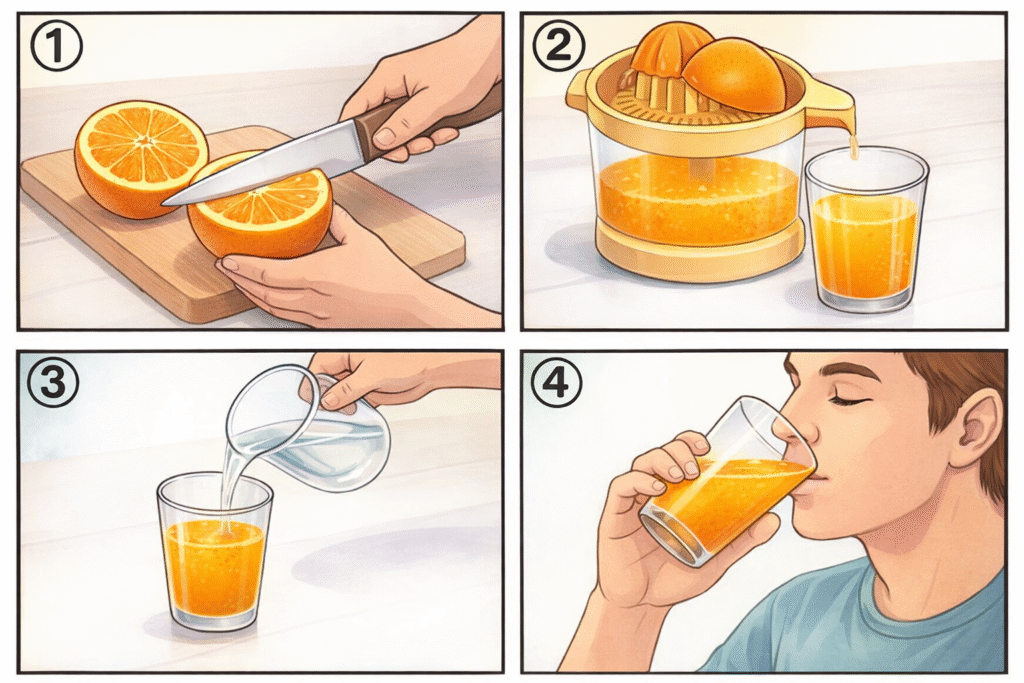 Préparation étape par étape du jus d'orange maison : une illustration montrant comment choisir et couper une orange, la presser, puis servir cette boisson naturelle riche en vitamine C.