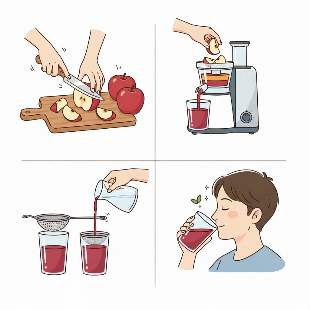 Infographie en 4 étapes montrant comment faire un jus de pomme maison avec un extracteur : couper les pommes, extraire le jus, le filtrer, puis déguster cette boisson saine.