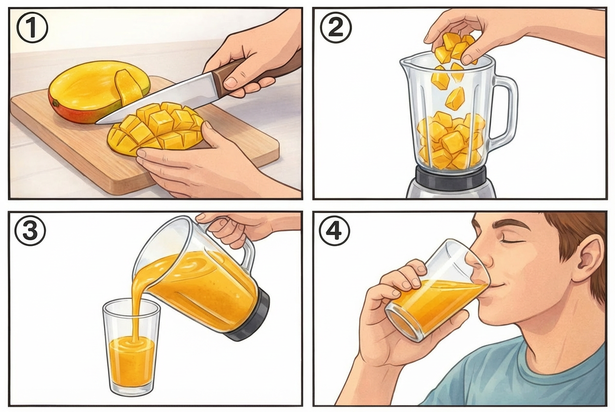 Comment faire de Jus de mangue en 4 étapes de notre recette facile de jus de mangue pour faire un jus de mangue maison avec un mixeur : 1. Couper la mangue. 2. Mettre les morceaux dans un mixeur. 3. Verser dans un verre. 4. Déguster.