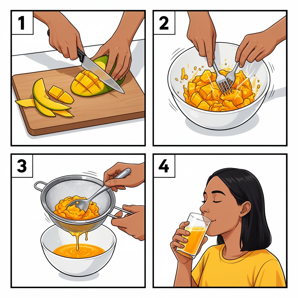 Comment faire jus de mangue en 4 étapes pour notre recette de jus de mangue expliquant comment faire du jus de mangue sans extracteur : 1. Couper la mangue. 2. L'écraser à la fourchette. 3. Filtrer la pulpe. 4. Déguster le jus.
