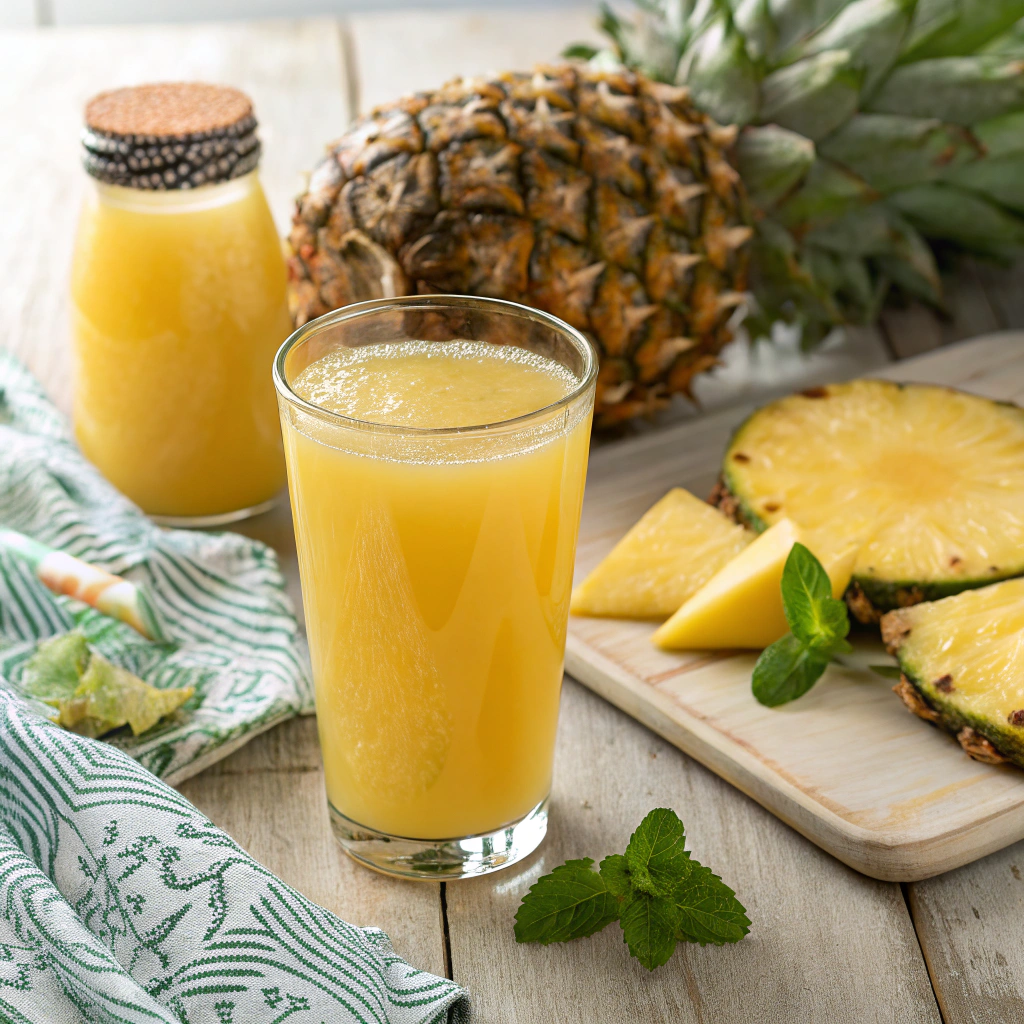 Un verre de pur jus d'ananas frais, accompagné d'une petite bouteille de jus d'ananas maison, d'un ananas entier et de tranches sur une planche à découper en bois. Une feuille de menthe apporte une touche de fraîcheur à cette boisson tropicale fraîche, illustrant la simplicité de notre recette jus d'ananas.