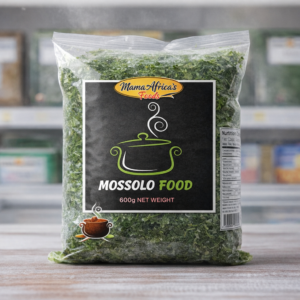 Un paquet de feuilles de manioc hachées surgelées de la marque Mama Africa's, Mossolo Foods, un ingrédient essentiel pour préparer une authentique Recette Pondu ou Saka-Saka.