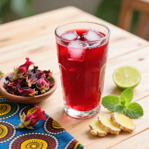 Un grand verre de jus de bissap rouge avec des glaçons, posé sur une table en bois à côté des ingrédients de la recette : des fleurs d'hibiscus séchées, des feuilles de menthe, du gingembre en tranches et un demi-citron vert.