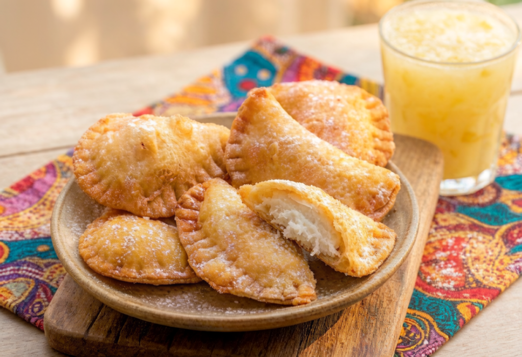 Assiette en bois garnie de Chaussons des Rois. Un chausson est coupé en deux pour montrer la farce. Le plat est accompagné d'un verre de jus de fruit frais.