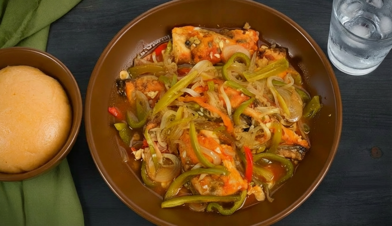 Vue de dessus d'un bol en terre cuite rempli de Makayabu aux poivrons, un plat congolais de poisson salé mijoté avec des légumes, posé sur une table sombre. Et une verre d’eau et un bowl de Fufu.