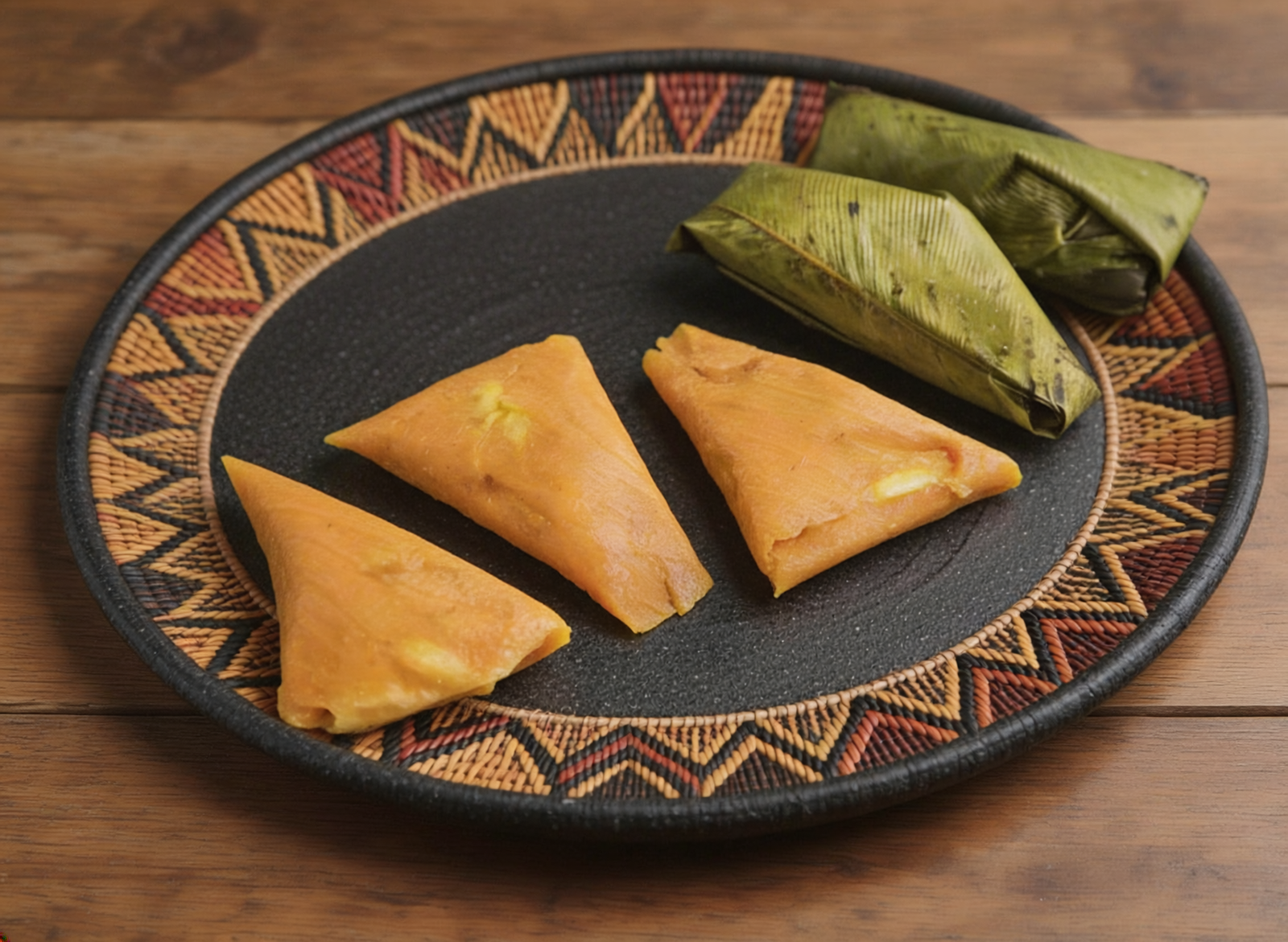 Une assiette de Moi Moi maison, résultat d'une recette traditionnelle. Les gâteaux sont servis déballés à côté de ceux encore dans leurs feuilles sur un plat décoratif.