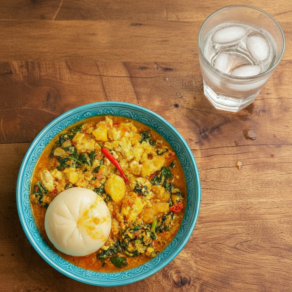 Repas complet basé sur une recette de soupe Egusi, avec un bol de soupe, du fufu, et un verre d'eau glacée sur une table en bois.recette soup Egusi