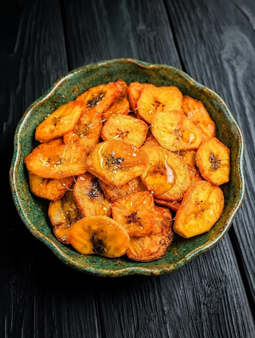 Gros plan sur une recette de plantain frit, montrant des rondelles dorées et croustillantes arrosées d'un filet de miel dans un bol en céramique verte. recette plantain frit